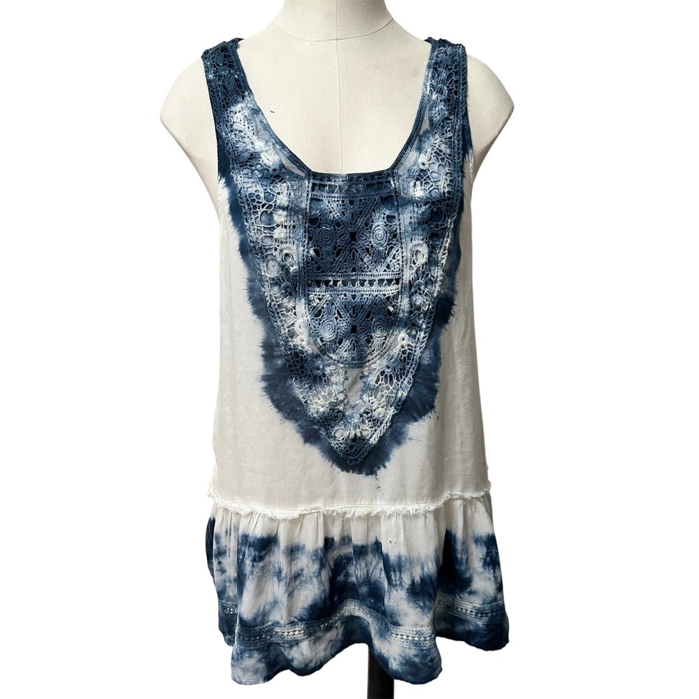 Knox Rose Tie Dye Tunic Women Small Blue White Crochet Lace Peplum Tank‎ Top